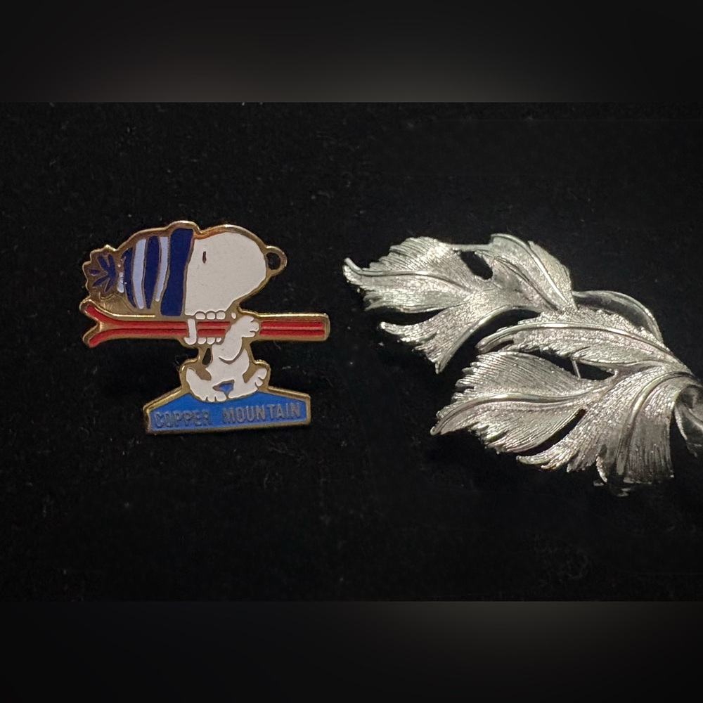 Snoopy Copper Mountain Pin and Silver Leaf Brooch- set of two